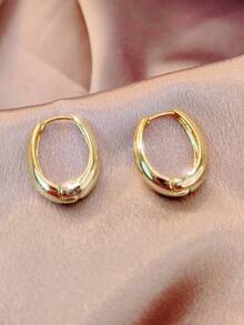 1pair Versatile Metallic Tear Drop & Oval Simple Hoop Earrings