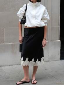 Lace Satin Maxi Skirts For Women Casual Elegant Fall A Line Elastic Waist High Rise Silk Midi Skirt With Lace Patchwork Y2k Aesthetic Going Out Skirt Party Club Streetwear - 黑色 - 查看 7