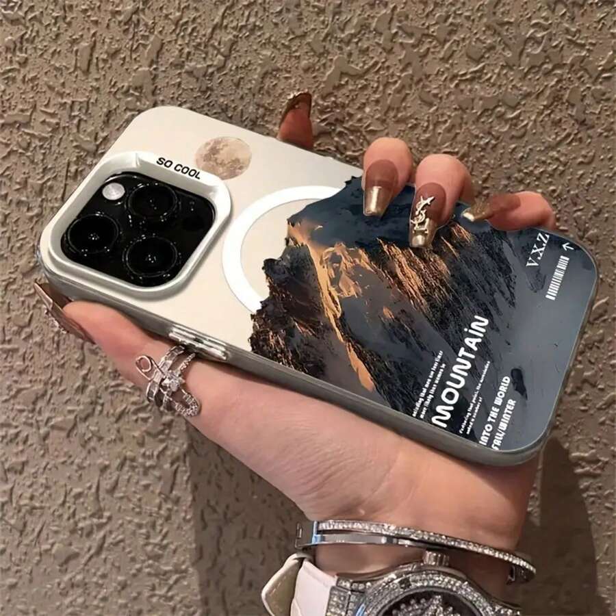 Funda magnética para teléfono con diseño de montaña al atardecer, compatible con phone 15, 14 Pro, 13/12/11. Color plata. - Plateado - Ver 1