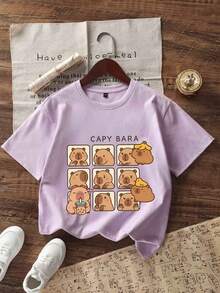 Tween Girls Capybara Print Round Neck T-Shirt, Summer Top - Purple - View 2
