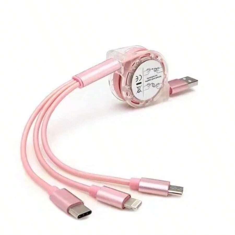三合一可伸缩数据USB线，兼容充电器，支持安卓手机Type-C快充 - 粉色 - 查看 1