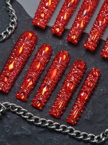 CrystalHola Unhas de Natal 10 peças unhas postiças artesanais, unhas postiças, unhas francesas, unhas extra longas com cobertura total e strass vermelho, unhas com glitter para festas, unhas luxuosas com luzes Y2K, adequadas para festas de festivais de música e uso diário, outono e inverno, um bom presente para meninas e mulheres, unhas de Halloween