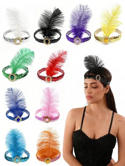 1pc Feather & Sequin Headband, 1920s Style Flapper Headpiece, Suitable For Halloween Party, Costume, Vintage Party, Christmas, Wedding - Feather Size Random