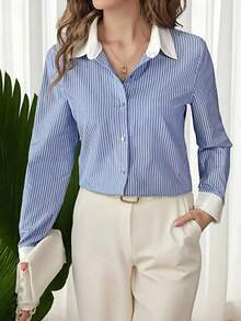 Women's Striped Long Sleeve Single-Breasted Casual/Work Shirt Spring - Blue and White - View 3