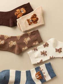 2/5 Pairs Women's Multicolor Combination Socks, Double Flocked Bear & Striped Patchwork, Breathable Knit Fabric, Spring/Summer Couple Style, Casual Versatile, Sweet Cute Sailor Socks, Suitable For Home, Commute, Date, School, Holiday Gift - Multicolor - View 10