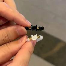 1/2pcs黑白猫戒指，松紧可调节，时尚设计，简约拼接戒指，情侣小众独特设计，ins酷炫风格，轻奢气质 - 彩色 - 查看 2