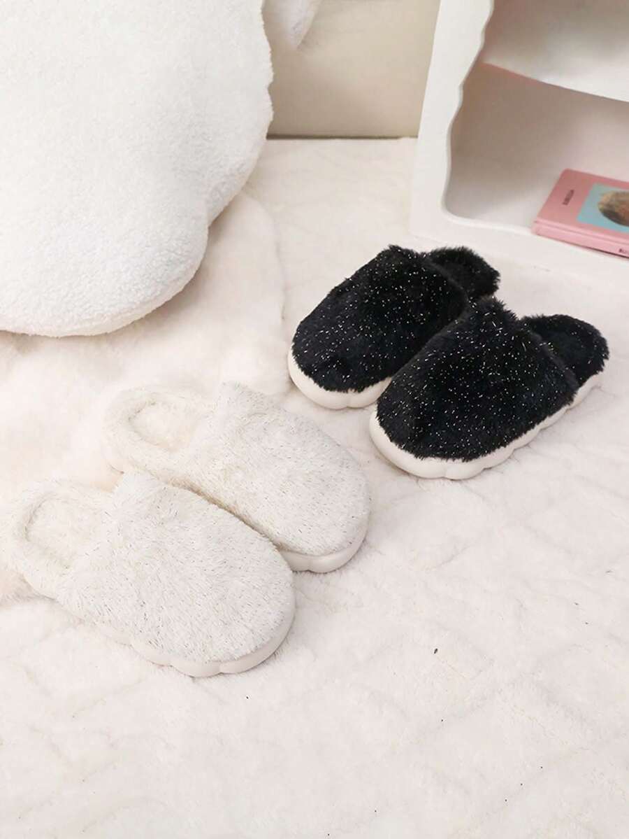 1 双女童软底简约时尚室内拖鞋，蓬松带，舒适秋冬 - 黑色 - 查看 1