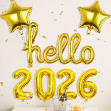 7 件套 Hello 2026 新年铝箔气球套装，包含金色相连的“Hello”气球、金色 2026 数字气球、金色星星气球，适合新年、除夕、2026 新年快乐派对装饰 - 金色 - 查看 5