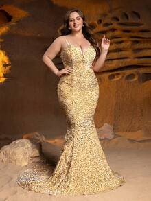 大码女士亮片吊带美人鱼晚礼服，适合正式晚宴、黑领结活动、婚礼招待会、慈善晚会等场合。 - 香檳色 - 查看 7