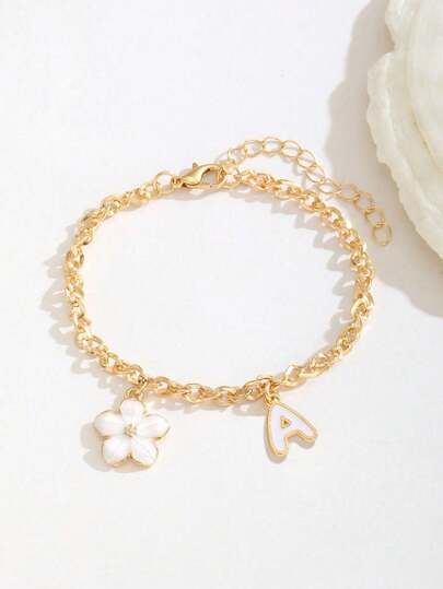 1pc Flower & Initial Letter White Charm Bracelet Suitable For Girls Sweet Stylish Summer Jewelry For Kids Birthday Gift