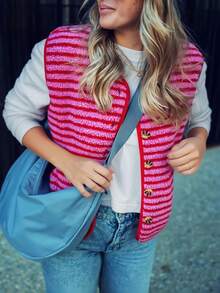 1 pieza Chaleco de punto a rayas, casual, para vacaciones, para citas, adecuado para otoño/invierno, Navidad, Año Nuevo, Día de San Valentín