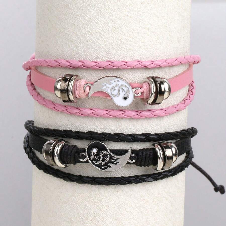 Couple's PU Leather Bracelet, Dragon Pattern Yin Yang Tai Chi Matching Jewelry