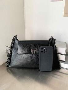 Fashionable Elegant Street Vacation Solid Color Chain Retro Versatile Shopping Shoulder Envelope Tote Bag - Black - View 7