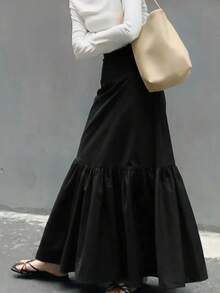 Chân váy chữ A cạp cao xếp ly kiểu Pháp cổ điển dành cho nữ, chân váy dài xòe rộng dáng đuôi cá giúp thon gọn vóc dáng cho mùa thu/đông, thanh lịch, ôm sát, phù hợp cho đi làm hàng ngày và mặc thường ngày, màu đen mùa xuân. - màu đen - Xem 6
