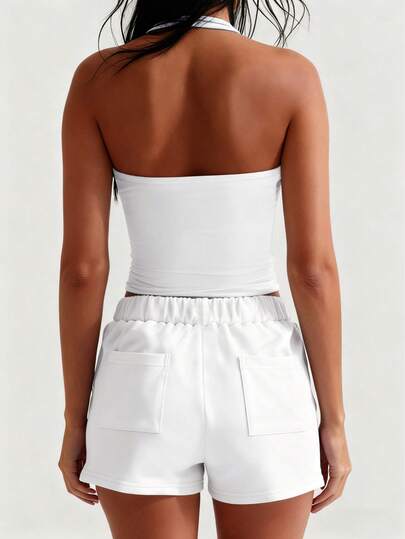 XLLAIS Sexy rückenfrei Tank Top, modischer quadratischer Ausschnitt elastisch lässig schmal geschnitten Sommer Trägershirt für Frauen Weiß