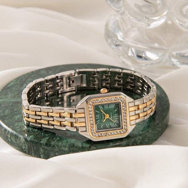 Vintage Square Rhinestone Decorated Green Watch, Roman Numeral Scale With Gold-Tone Stainless Steel Band, Exuding Luxurious Elegant Vibe For Women