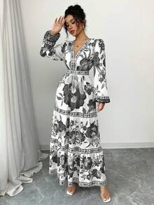 Women's Long Dress With A Floral Print, A-Line Cut, Fitted At The Waist, And Puff Sleeves. This Dress Is Elegant And Romantic, Perfect For Dates, Vacations, Holidays, And Other Occasions. - 黑色 - 查看 5