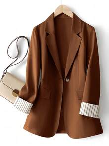 Whisplicity 大码女式休闲/工作袖口条纹撞色单扣长袖西装外套