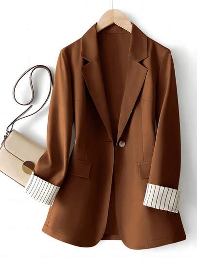Plus Size Women Casual/Work Cuff Stripe Contrast Color Single Button Long Sleeve Blazer