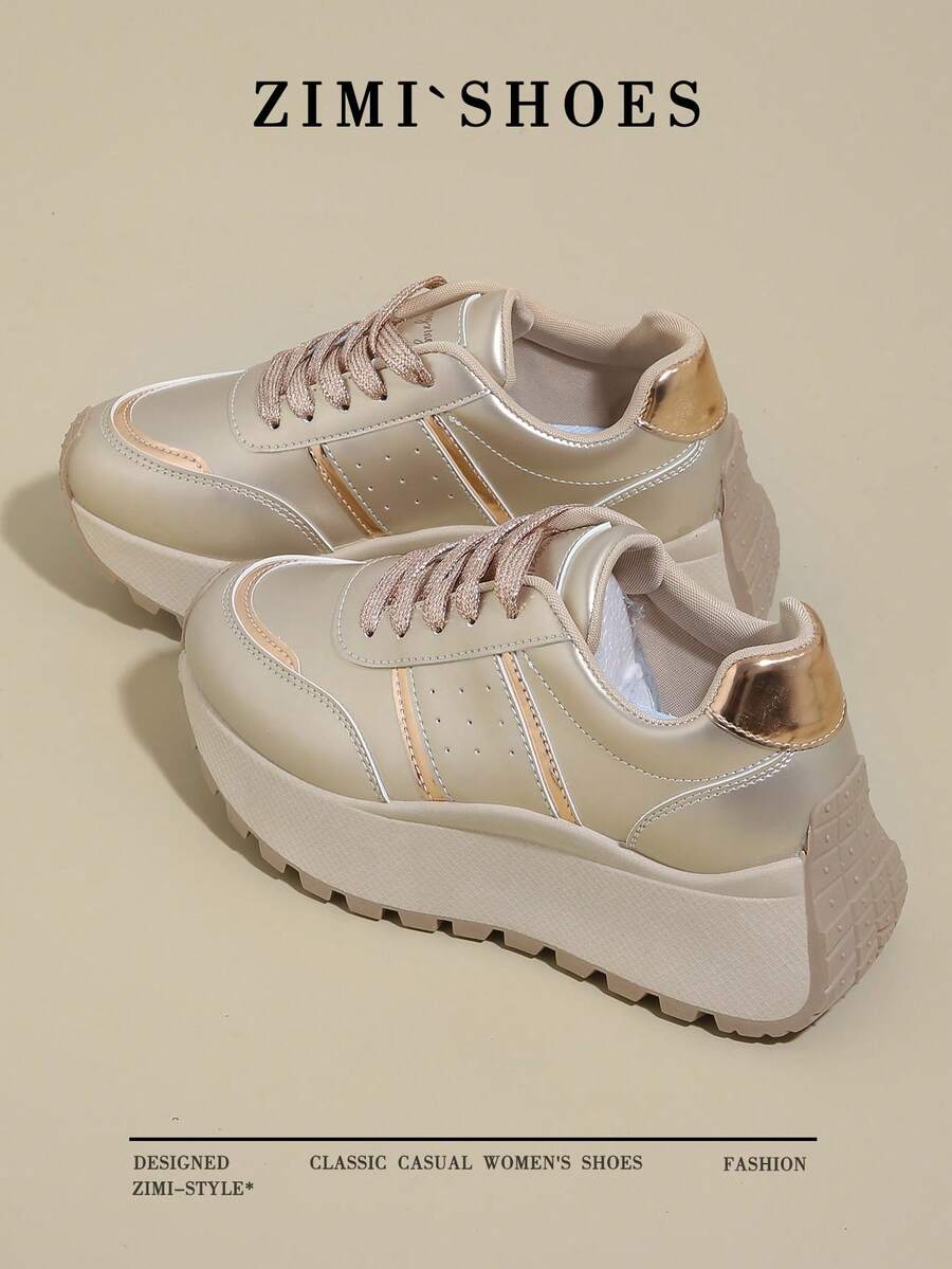 1 Pair Women's Round Toe Thick Sole Casual Sneakers, Gold/Silver Gump Style Lace-Up Outdoor Shoes, Suitable For Running, Hiking, All Seasons - Gold - View 1