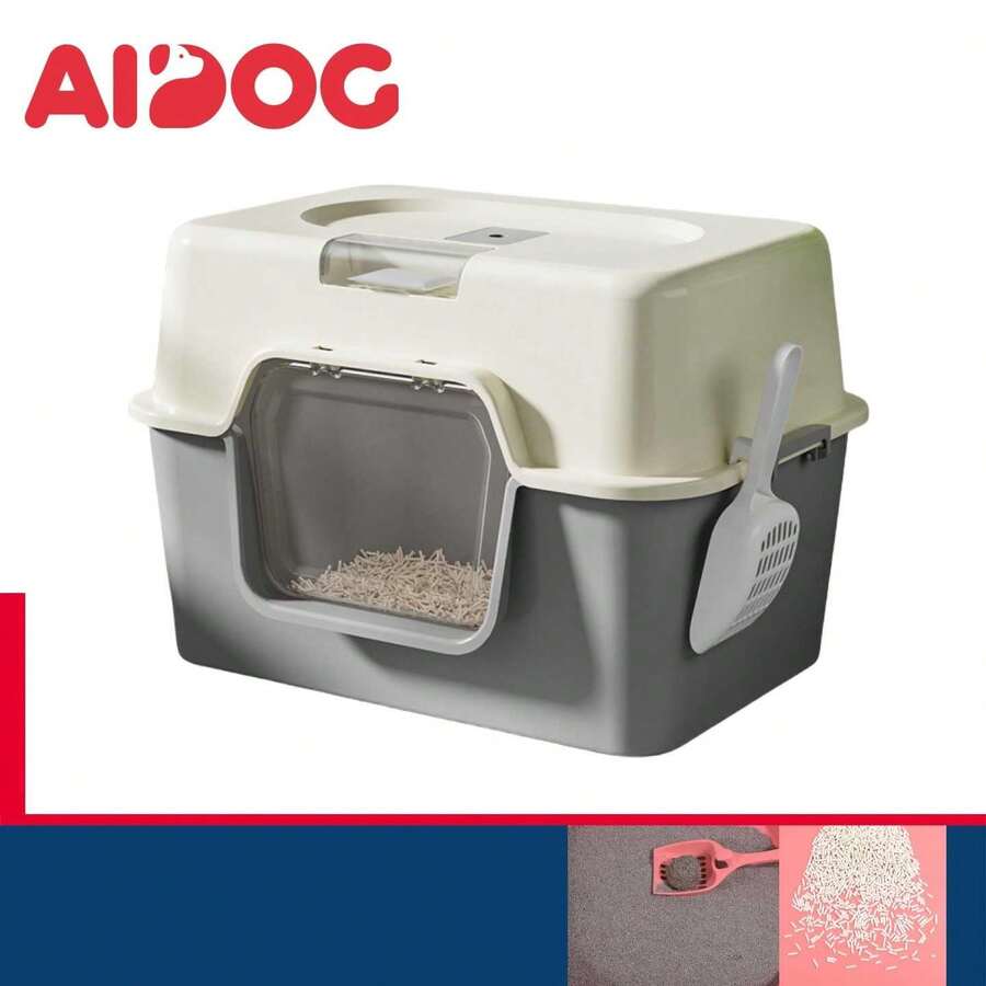 Sehr schöne neue Katzentoilette, doppelt verwendbar, halbgeschlossen oder vollständig geschlossen, extra groß, geruchsabweisend, spritzwassergeschützte Haustiertoilette - Grau - Übersicht 1