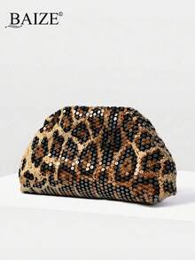 ENBEI BAIZE Elegant Leopard Print Sequin Clutch - Leopard Print Makeup Bag, Large Capacity, Durable, Multifunctional Women's Beach Bag, Women's Wallet, Leopard Print Handbag, Women's Clutch, Summer Wallet, Elegant Women's Bag, Suitable For Daily Use And Festive Occasions, Mother's Day Gift, Christmas Gift, Wedding Season Souvenir - Multicolor - View 5