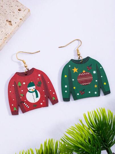 1 Pair Festive Christmas Series Cute Cartoon Snowman & Cherry Print Earrings, Joyful Holiday Atmosphere