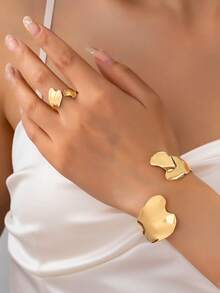 1 套女士不对称几何设计开口手镯套装 - 金黃色 - 查看 6