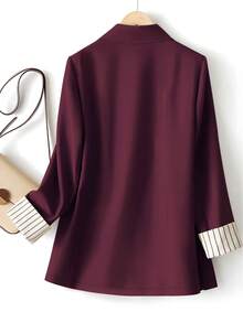 Women's Cuff Striped Patchwork One Button Regular Blazer - Burgundy - View 2