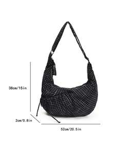 日式格子单肩包，时尚褶皱蝴蝶结拉链斜挎包，学生/大学生轻便可折叠布包，适合购物、日常通勤，新月包 - 彩色 - 查看 13