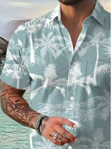 Mature Vacation Palm Tree Print Short Sleeve Casual Shirt D2623 - Blue - View 5