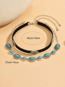 2 件套西部牛仔风格绿松石串珠颈链，手工制作时尚个性化锁骨链，适合日常佩戴、旅行和聚会 - 彩色 - 查看 4