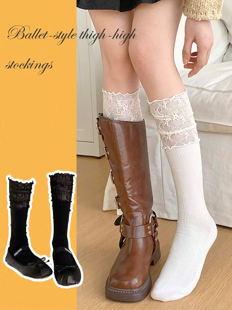 Women's Solid Color Calf Socks With Lace Trim, Layered Ballet Style, Thin For Spring/Summer, Suitable For Tall Boots - Multicolor - View 1
