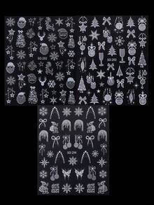 3 PIEZAS Pegatinas de uñas con brillo plateado festivo y navideño, diseños brillantes de Papá Noel, árbol de Navidad, ciervos, bolas, copos de nieve, estrellas y lazos para manicura, suministros de uñas autoadhesivos para decoración de uñas de invierno y Año Nuevo