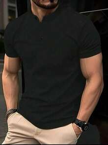 Homme Men's Short Sleeve Polo Shirt With Stand Collar, Color Block Graphic Button Down For Golf And Business Casual, For Husband - Negro - Ver 1