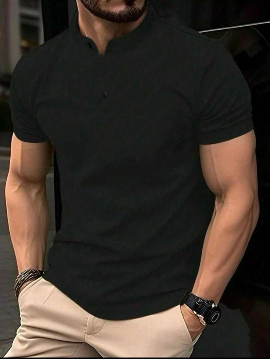 Homme Men's Short Sleeve Polo Shirt With Stand Collar, Color Block Graphic Button Down For Golf And Business Casual, For Husband - Negro - Ver 1