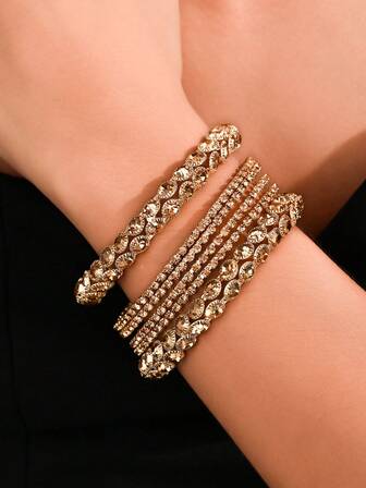 6pcs Fashion Gorgeous Middle Eastern Style Rhinestone Handmade Bracelet, Elegant Golden Bangle Accessories Women Jewelry Suitable For Wedding,Daily Wear