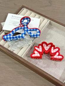 Pink Plaid Pattern Heart Bow Hair Claw Clip, Hair Accessory For Women, Suitable As Birthday Or Valentine's Day Gift Elegant Hair Clips Winter Hair Clutch Women Hair Accessories - Multicolor - View 7