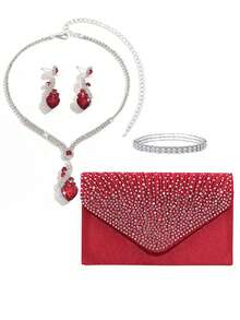 4-częściowy zestaw damskich, modnych, uniwersalnych, eleganckich, kryształowych torebek wieczorowych, naszyjników, kolczyków i bransoletek, akcesoriów imprezowych