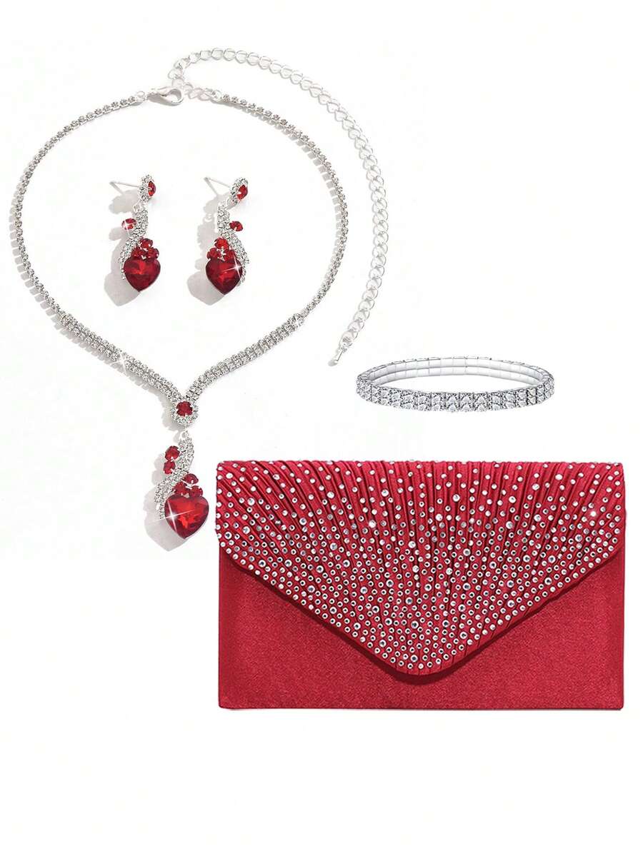4-częściowy zestaw damskich, modnych, uniwersalnych, eleganckich, kryształowych torebek wieczorowych, naszyjników, kolczyków i bransoletek, akcesoriów imprezowych