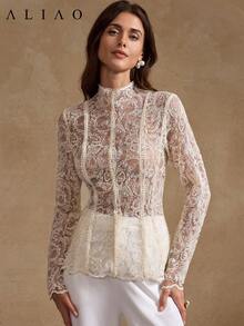 Sedessea Gorgeous Paisley Embroider Mesh Splicing See Through Long-Sleeved Top, Wedding Season, Valentine's Day, White Party Event, Old Money Style, Court Style, Eye-Catching, Elegant Everyday, Autumn Winter - Apricot - View 3