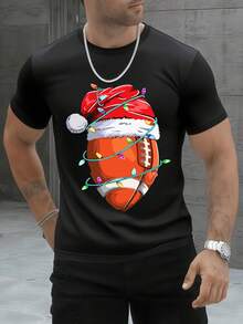 Christmas Football Graphic Men's 100% Cotton T Shirt 1pcs Vintage Digital Printed T Shirt 220g Holiday Sports Santa Hat Lights Design Casual Top - Black - View 1