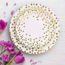 A Set Of 50 Or 80 Disposable Party Supplies In White And Gold, Including White Paper Plates, Napkins And Cups With Gold Dots, Suitable For Weddings, Baptisms, Birthdays, Graduation Ceremonies And Daily Use. Made Of Paper, No Power Supply Required. - Multicolor - View 3