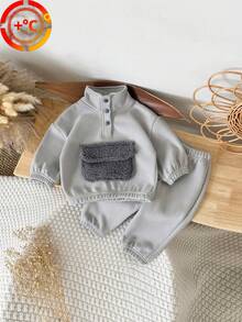 2件套男婴保暖加厚长袖圆领卫衣长裤套装，适合秋冬季穿着 - 深灰色 - 查看 2