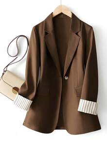 Blazer de manga larga con un solo botón, contraste de color y rayas en los puños para mujer de talla grande, para uso casual o laboral - Marrón Chocolate - Ver 1