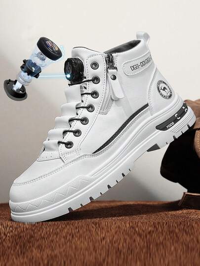 男士高帮皮革摩托车靴，旋转扣设计，纯色，厚底，户外骑行，派对，旅行，校园，学生，青少年，四季皆宜，皮革，舒适的衬里，靴子，侧拉链和旋转扣设计，方便，摩托车靴，户外靴