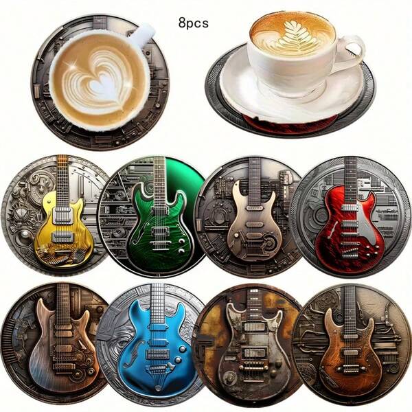 8 Pcs - Retro Guitar Themed Round Wooden Coasters, Made Of Synthetic Wood, Perfect For Holiday Gifts. This Non-Slip Kitchen Accessory Set Is Perfect For Holiday Home Decor And Festive Tableware, Suitable For Coffee Tables, Apartments, And Bars To Accommodate Cups And Beer Mugs. They Can Also Be Used As Small Decorative Items For Wall Art Creations.