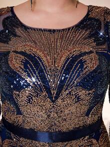 Mgiacy,New Arrival,Elegant Plus Size Long Navy Formal Dress,Round Neck,Sequin,Elegant,Plus Size Evening Gown Dress,Perspective,Belt,Lantern Sleeve,Package Hip,Mermaid Hem Dress,FOR,Dinner Party,Party Dress,Wedding Guest Dress, Evening Dress - Navy Blue - View 8