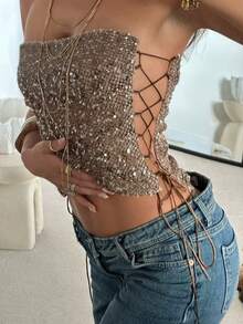复古 Y2K 闪光钩针系带修身音乐节派对度假女式背心 - 棕色 - 查看 2