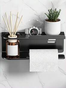1 pezzo Portarotolo di carta igienica, Portarotolo con mensola, Organizer da bagno in acciaio inossidabile, Montaggio adesivo e a vite, Per bagno, antibagno, cucina, roulotte (Nero)Portarotolo da parete per carta igienica con vano portasalviette in acciaio inossidabile opaco nero, Portasalviette, Appendiabiti da parete per il bagno